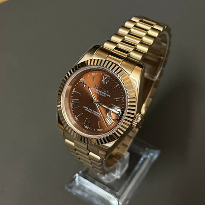 Datejust Mod Rose Gold Roman Chocolate Brown Dial rose gold and gold rose gold Seiko mod style watch with NH35 automatic movement by ModTime - side profile