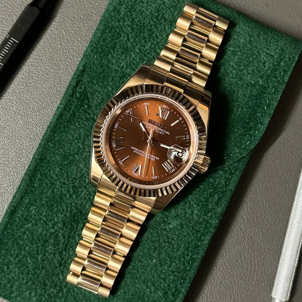 Datejust Mod Rose Gold Roman Chocolate Brown Dial rose gold and gold Seiko mod style watch with NH35 automatic movement by ModTime - angled dial view