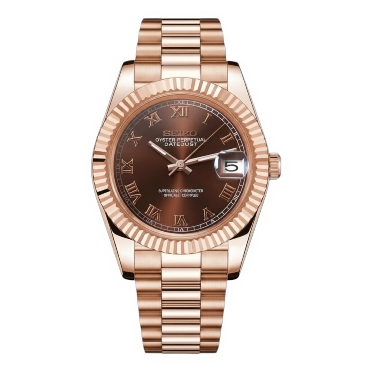 Datejust Mod Rose Gold Roman Chocolate Brown Dial rose gold and gold Seiko mod style watch with NH35 automatic movement by ModTime - front product view