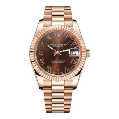 Datejust Mod Rose Gold Roman Chocolate Brown Dial rose gold and gold Seiko mod style watch with NH35 automatic movement by ModTime - front product view
