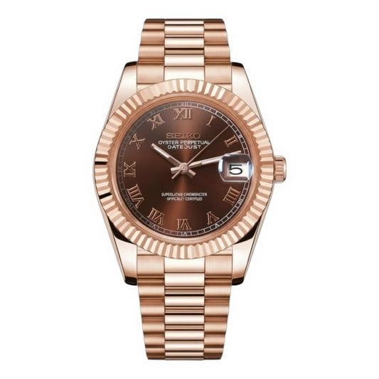 Seiko Mod DateJust Rose Gold Brown Chocolate Dial President, NH35 Automatic Movement, Sapphire Crystal, 904L Stainless Steel