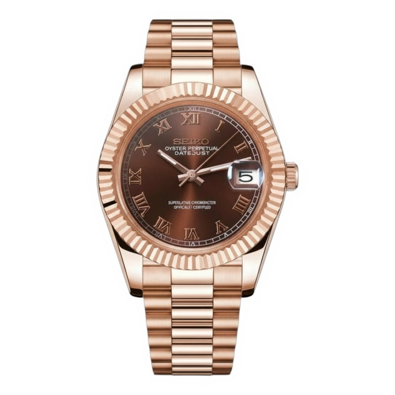 ModTime Datejust-style Roman Chocolate Brown NH35 automatic watch, brown dial, Roman numerals, front view