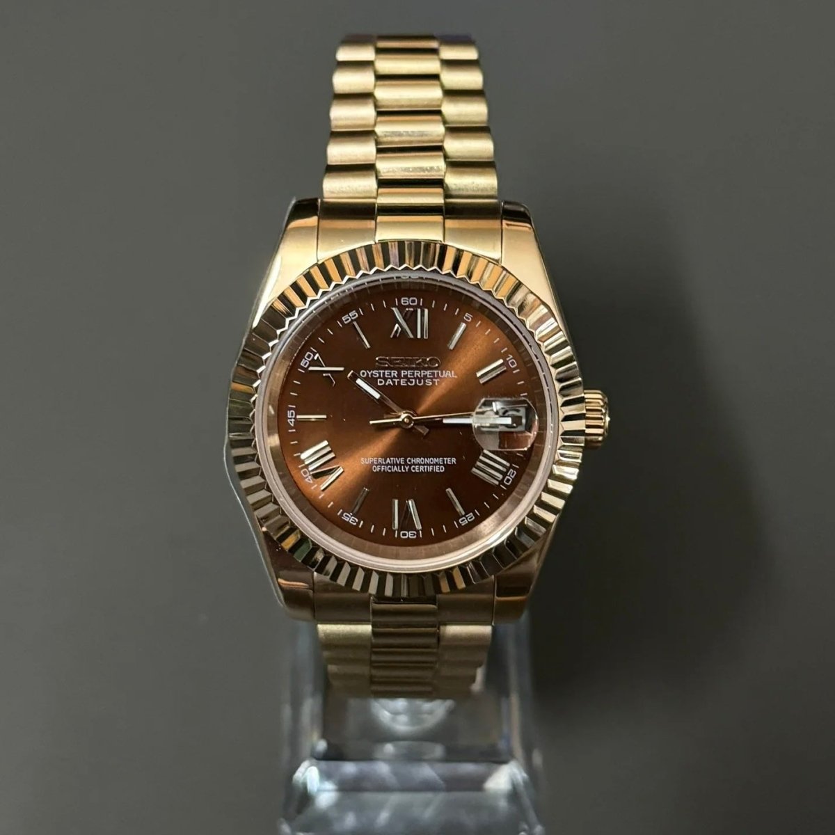 Datejust Mod Rose Gold Roman Chocolate Brown Dial rose gold and gold rose gold Seiko mod style watch with NH35 automatic movement by ModTime - dial detail