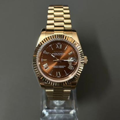 Datejust Mod Rose Gold Roman Chocolate Brown Dial rose gold and gold rose gold Seiko mod style watch with NH35 automatic movement by ModTime - dial detail