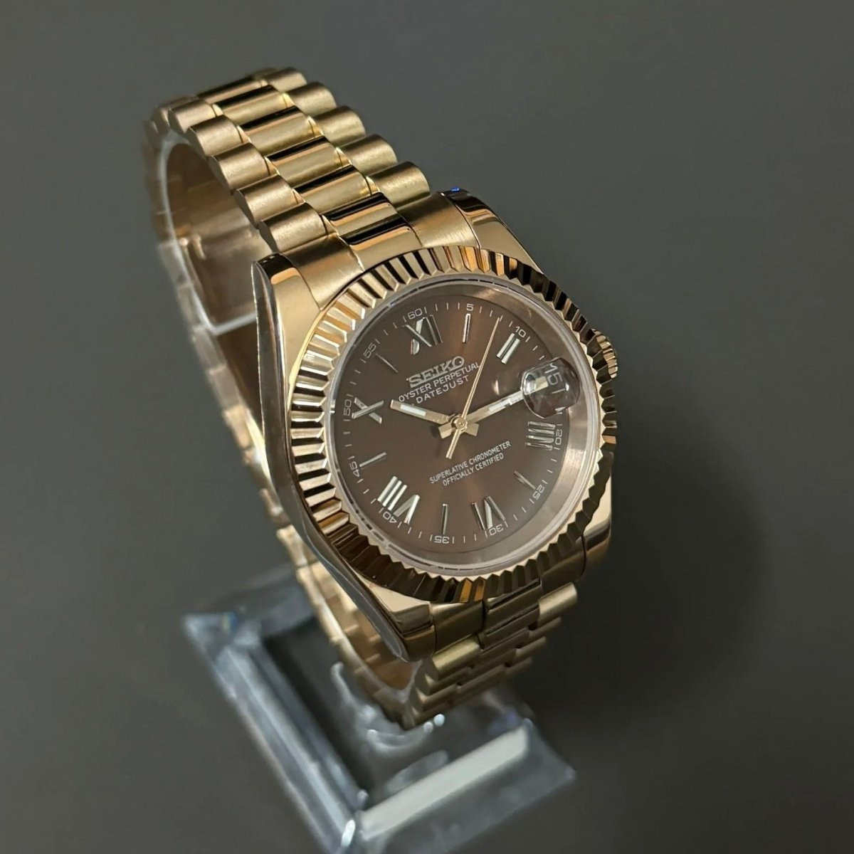Datejust Mod Rose Gold Roman Chocolate Brown Dial Seiko mod style watch with NH35 automatic movement by ModTime - case and bracelet detail