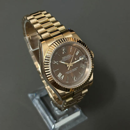 Datejust Mod Rose Gold Roman Chocolate Brown Dial Seiko mod style watch with NH35 automatic movement by ModTime - case and bracelet detail