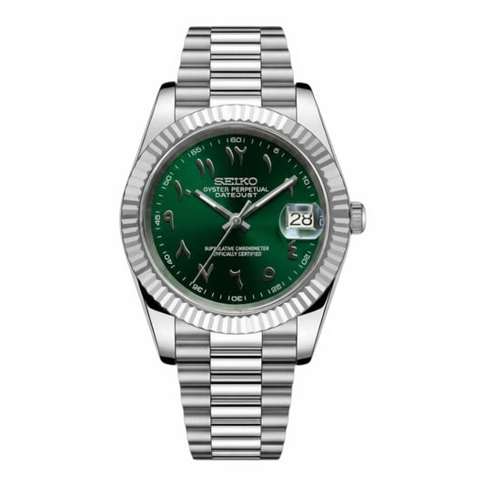 Seiko Mod DateJust Silver Arabic Emerald Green Dial President NH35 Automatic Movement, Sapphire Crystal, 904L Stainless Steel