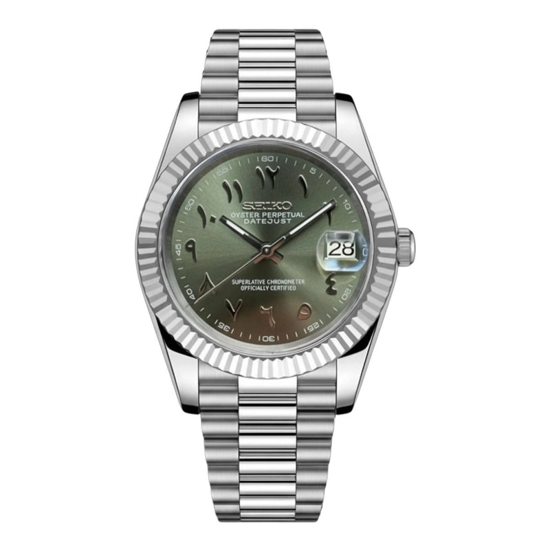 Datejust-style Arabic Olive Green Dial NH35 automatic watch with silver-tone case and date lens, front view