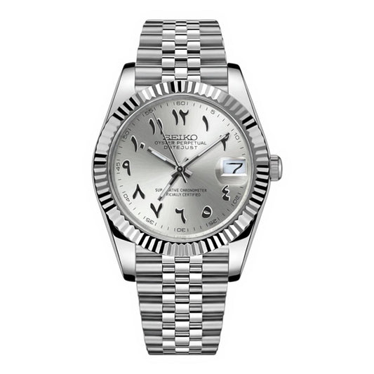 Seiko Mod DateJust Silver Arabic Silver Dial President, NH35 Automatic Movement, Sapphire Crystal, 904L Stainless Steel