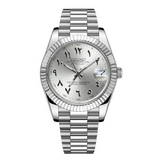 Seiko Mod DateJust Silver Arabic Silver Dial President, NH35 Automatic Movement, Sapphire Crystal, 904L Stainless Steel
