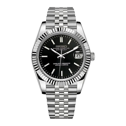 Seiko Mod DateJust Silver Black Dial Jubilee, NH35 Automatic Movement, Sapphire Crystal, 904L Stainless Steel - ModTime