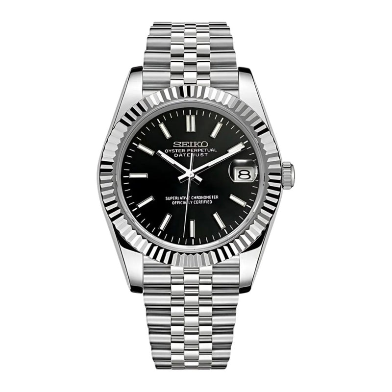 ModTime Datejust-style Silver Black NH35 automatic watch, black dial, fluted bezel, front view