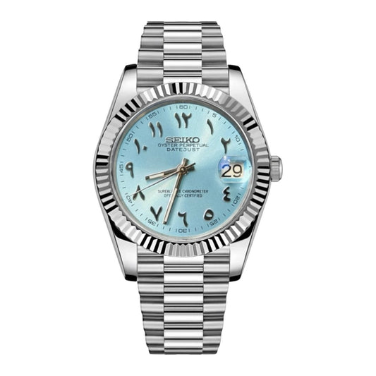 Seiko Mod DateJust Silver Arabic Light Blue Dial President, NH35 Automatic Movement, Sapphire Crystal, 904L Stainless Steel
