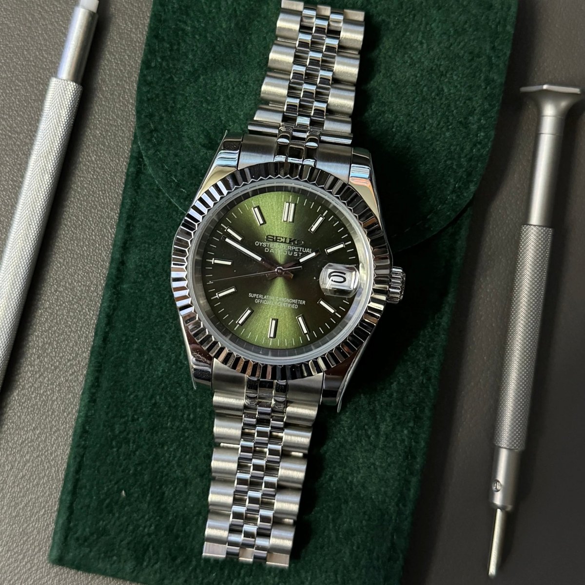 Datejust Mod Silver Olive Green Dial Jubilee silver and green Seiko mod style watch with NH35 automatic movement by ModTime - angled dial view