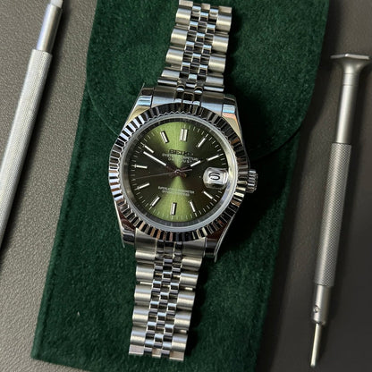 Datejust Mod Silver Olive Green Dial Jubilee silver and green Seiko mod style watch with NH35 automatic movement by ModTime - angled dial view