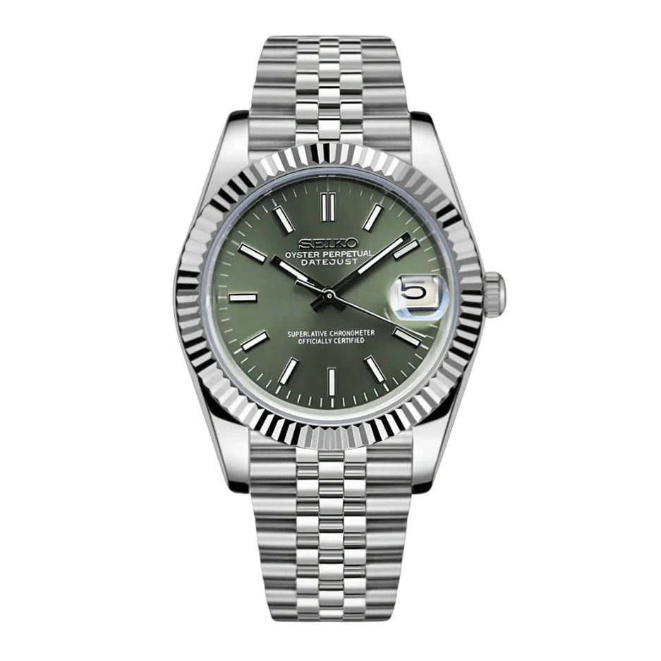 Datejust Mod Silver Olive Green Dial Jubilee silver and green Seiko mod style watch with NH35 automatic movement by ModTime - front product view