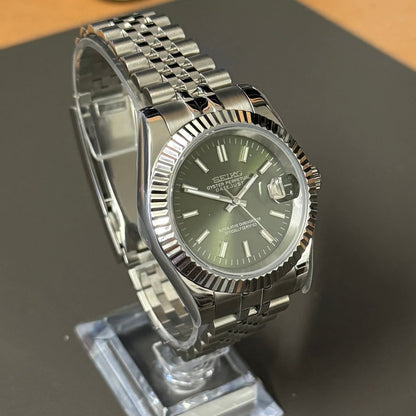 Datejust Mod Silver Olive Green Dial Jubilee silver and green Seiko mod style watch with NH35 automatic movement by ModTime - case and bracelet detail
