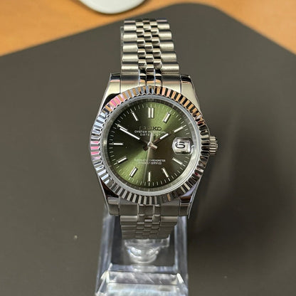 Datejust Mod Silver Olive Green Dial Jubilee silver and green Seiko mod style watch with NH35 automatic movement by ModTime - dial detail