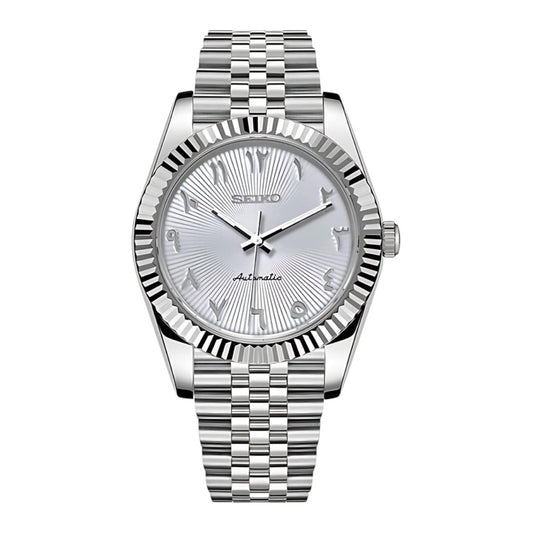 Seiko Mod DateJust Silver White Arabic Dial Jubilee, NH35 Automatic Movement, Sapphire Crystal, 904L Stainless Steel, ModTime