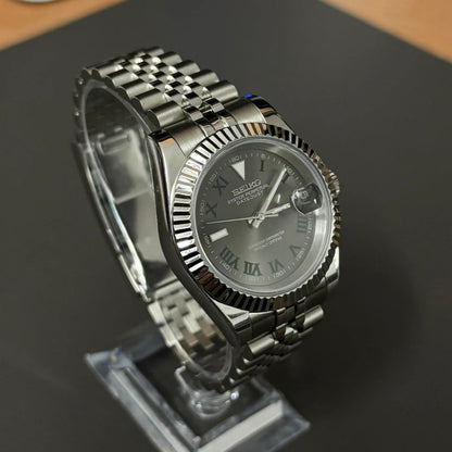 Datejust Mod Silver Wimbledon Dial Jubilee silver Seiko mod style watch with NH35 automatic movement by ModTime - case and bracelet detail