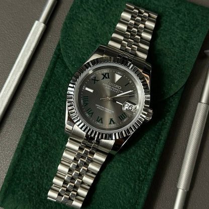 Datejust Mod Silver Wimbledon Dial Jubilee silver Seiko mod style watch with NH35 automatic movement by ModTime - angled dial view