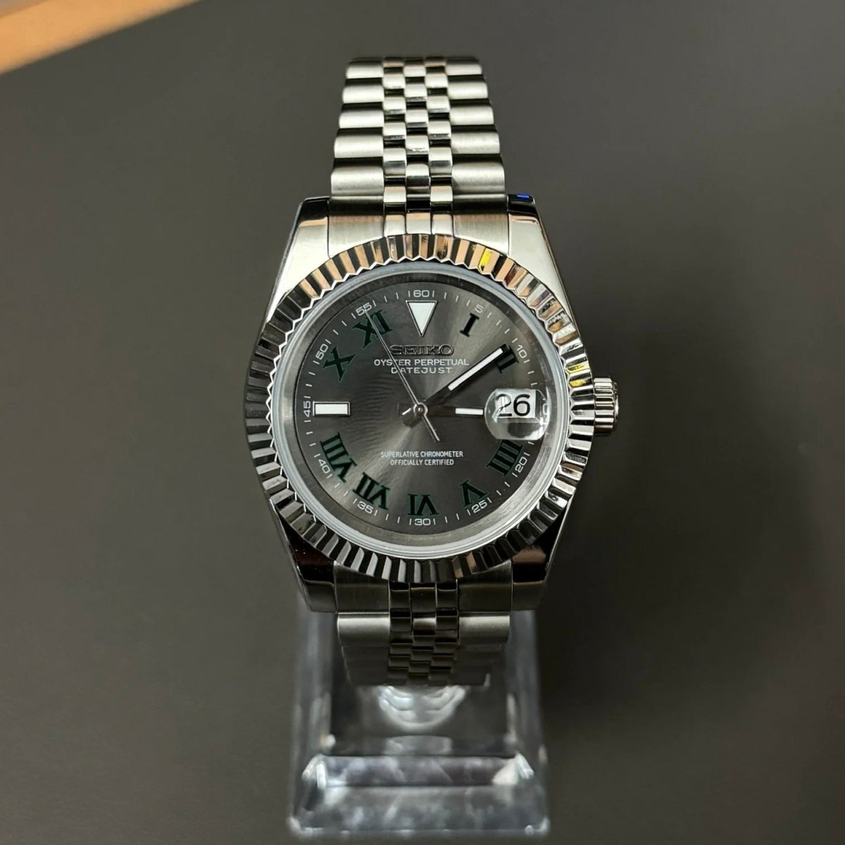 Datejust Mod Silver Wimbledon Dial Jubilee silver Seiko mod style watch with NH35 automatic movement by ModTime - dial detail