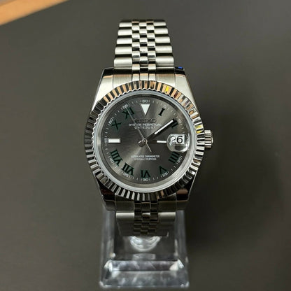 Datejust Mod Silver Wimbledon Dial Jubilee silver Seiko mod style watch with NH35 automatic movement by ModTime - dial detail