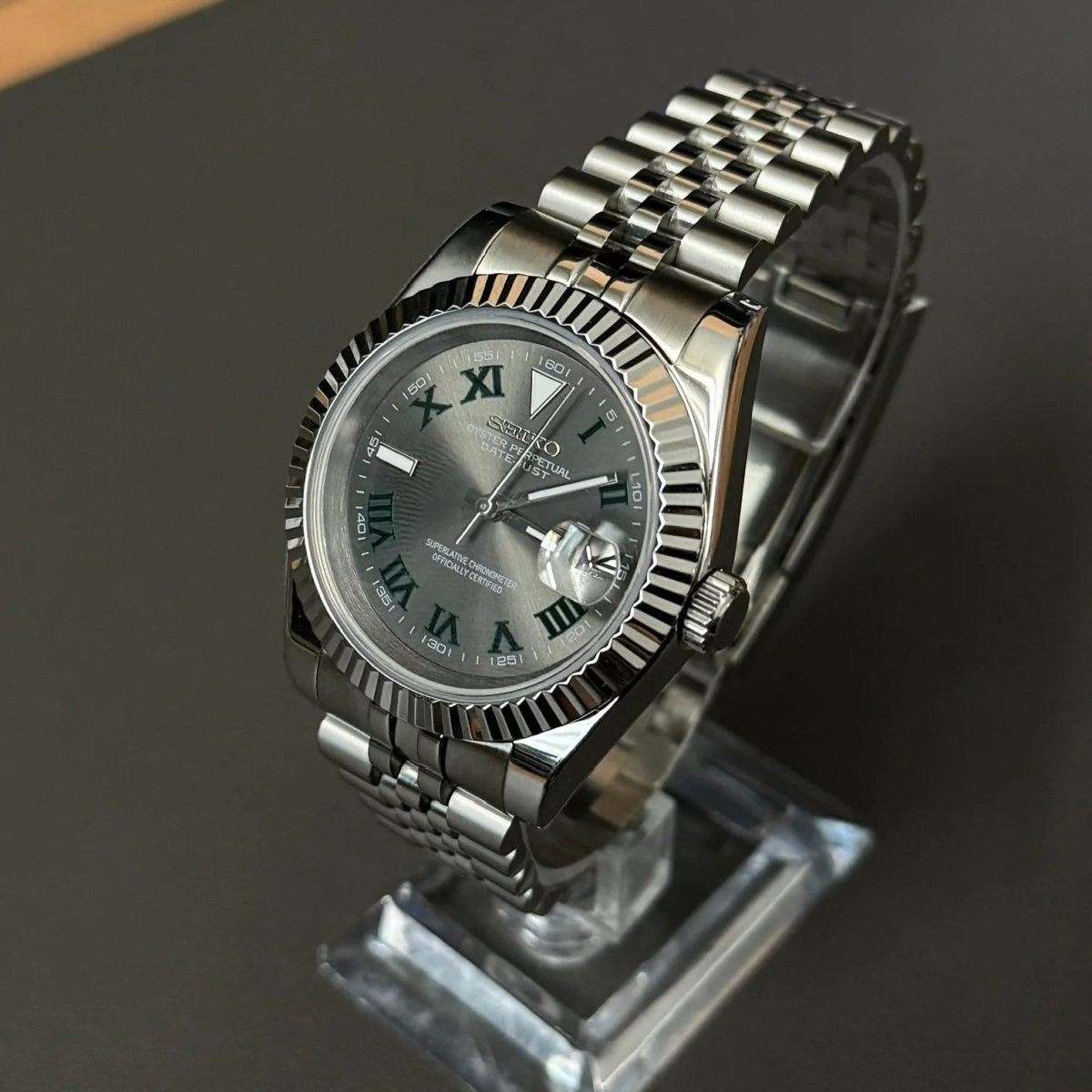 Datejust Mod Silver Wimbledon Dial Jubilee silver Seiko mod style watch with NH35 automatic movement by ModTime - side profile