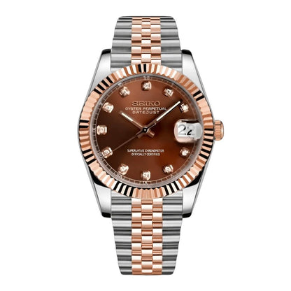 Datejust Mod Two Tone Diamond Chocolate Brown Dial Jubilee Seiko mod style watch with NH35 automatic movement by ModTime - front product view