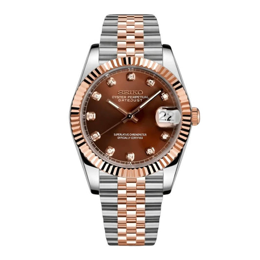Seiko Mod DateJust Two-Tone Brown Chocolate Diamond Dial Jubilee, NH35 Automatic Movement, Sapphire Crystal, 904L Steel