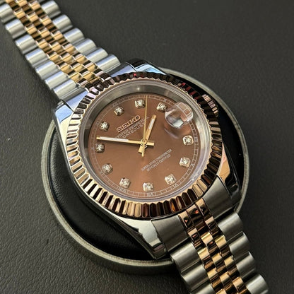 Datejust Mod Two Tone Diamond Chocolate Brown Dial Jubilee Seiko mod style watch with NH35 automatic movement by ModTime - wrist or lifestyle view