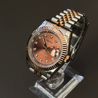 Datejust Mod Two Tone Diamond Chocolate Brown Dial Jubilee Seiko mod style watch with NH35 automatic movement by ModTime - side profile