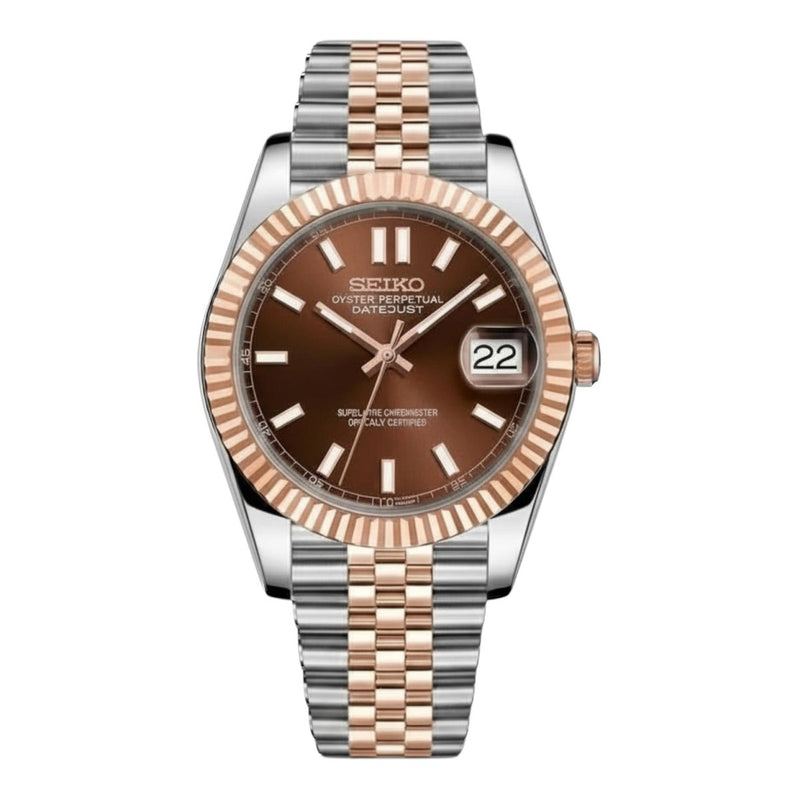 Datejust-style Two-Tone Chocolate Brown Dial NH35 automatic watch with brown dial, date lens, front view