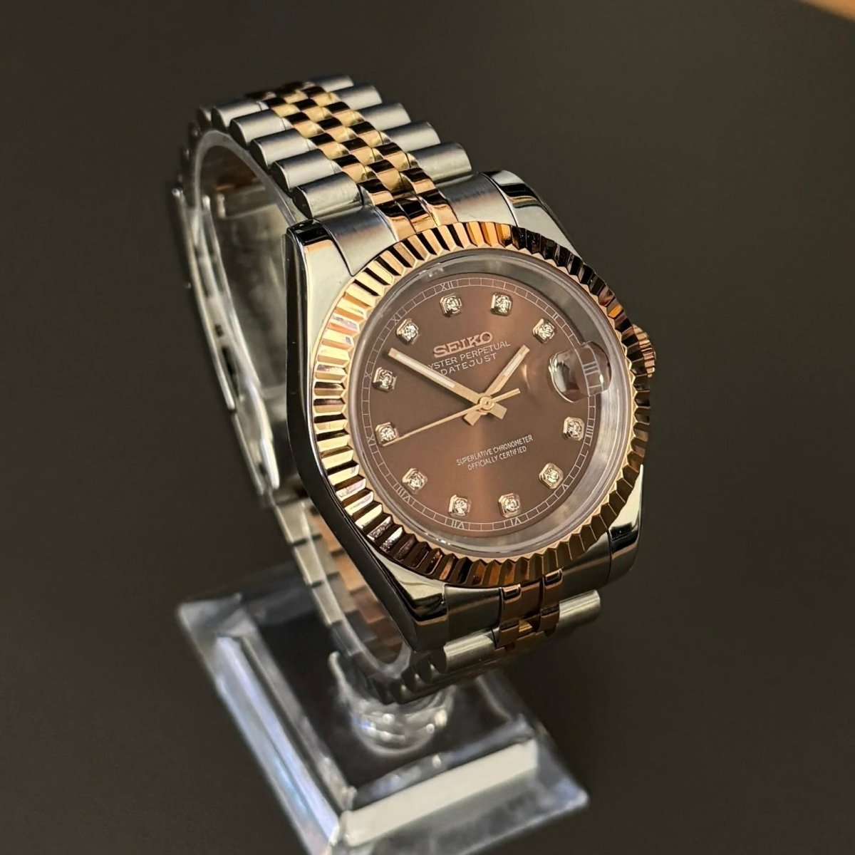 Datejust Mod Two Tone Diamond Chocolate Brown Dial Jubilee Seiko mod style watch with NH35 automatic movement by ModTime - case and bracelet detail