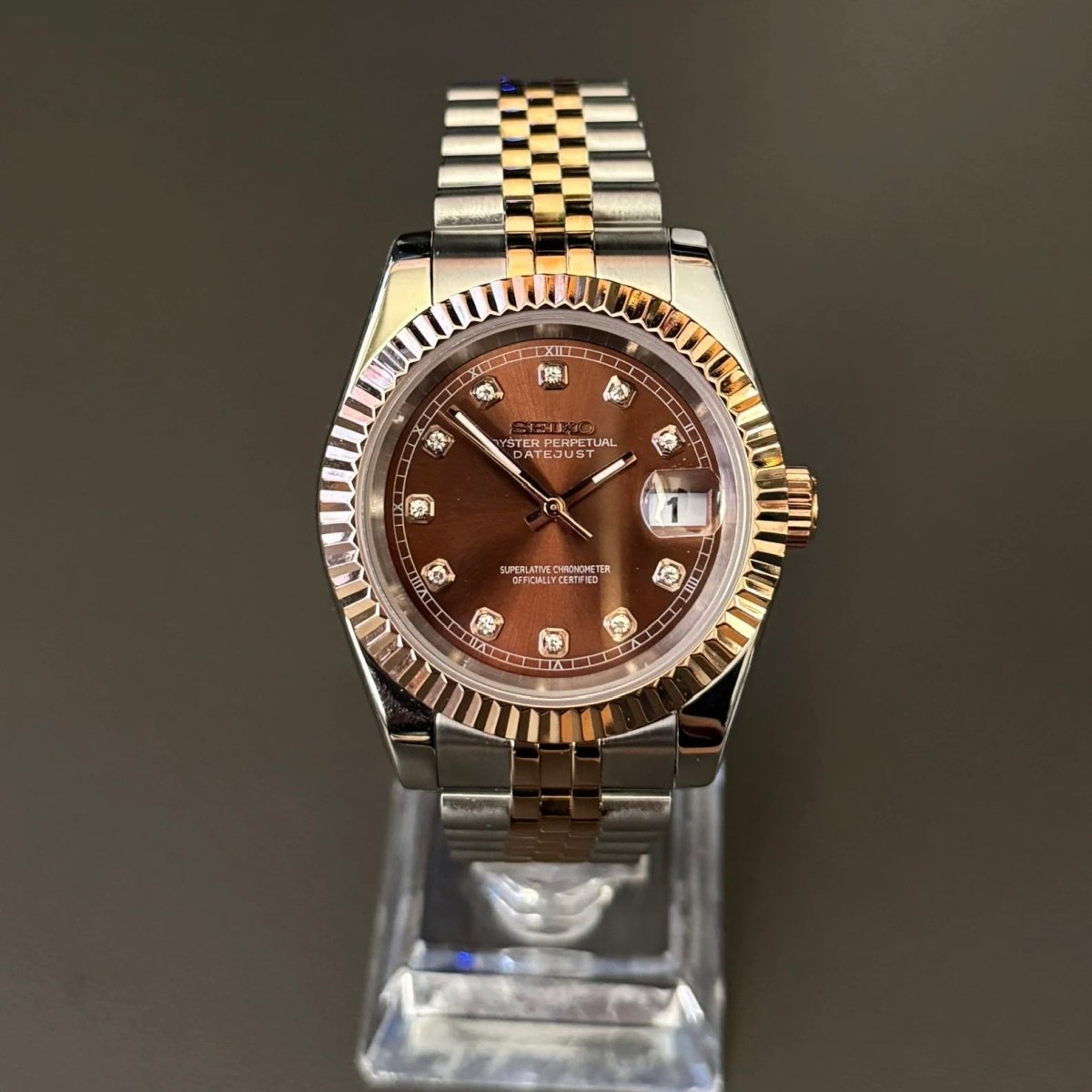 Datejust Mod Two Tone Diamond Chocolate Brown Dial Jubilee Seiko mod style watch with NH35 automatic movement by ModTime - dial detail