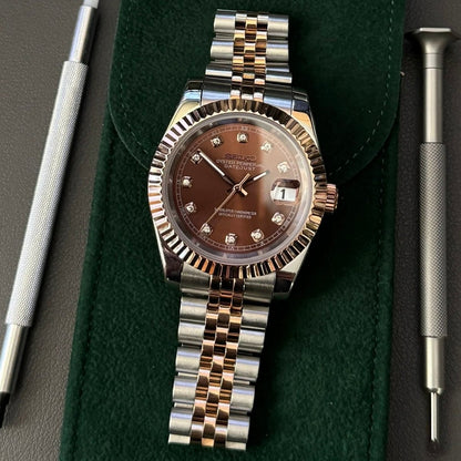 Datejust Mod Two Tone Diamond Chocolate Brown Dial Jubilee Seiko mod style watch with NH35 automatic movement by ModTime - angled dial view