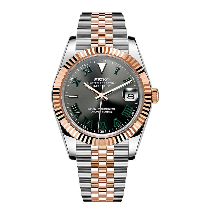 Datejust-style Wimbledon Two-Tone NH35 automatic watch with grey dial, green numerals, front on white