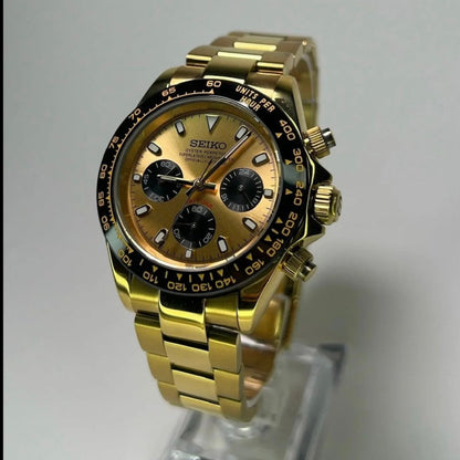 Daytona Mod All Gold Oyster gold chronograph Seiko mod style watch with VK63 movement by ModTime - case and bracelet detail