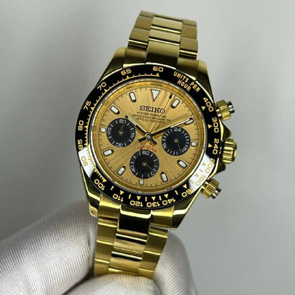 Daytona Mod All Gold Oyster gold chronograph Seiko mod style watch with VK63 movement by ModTime - side profile