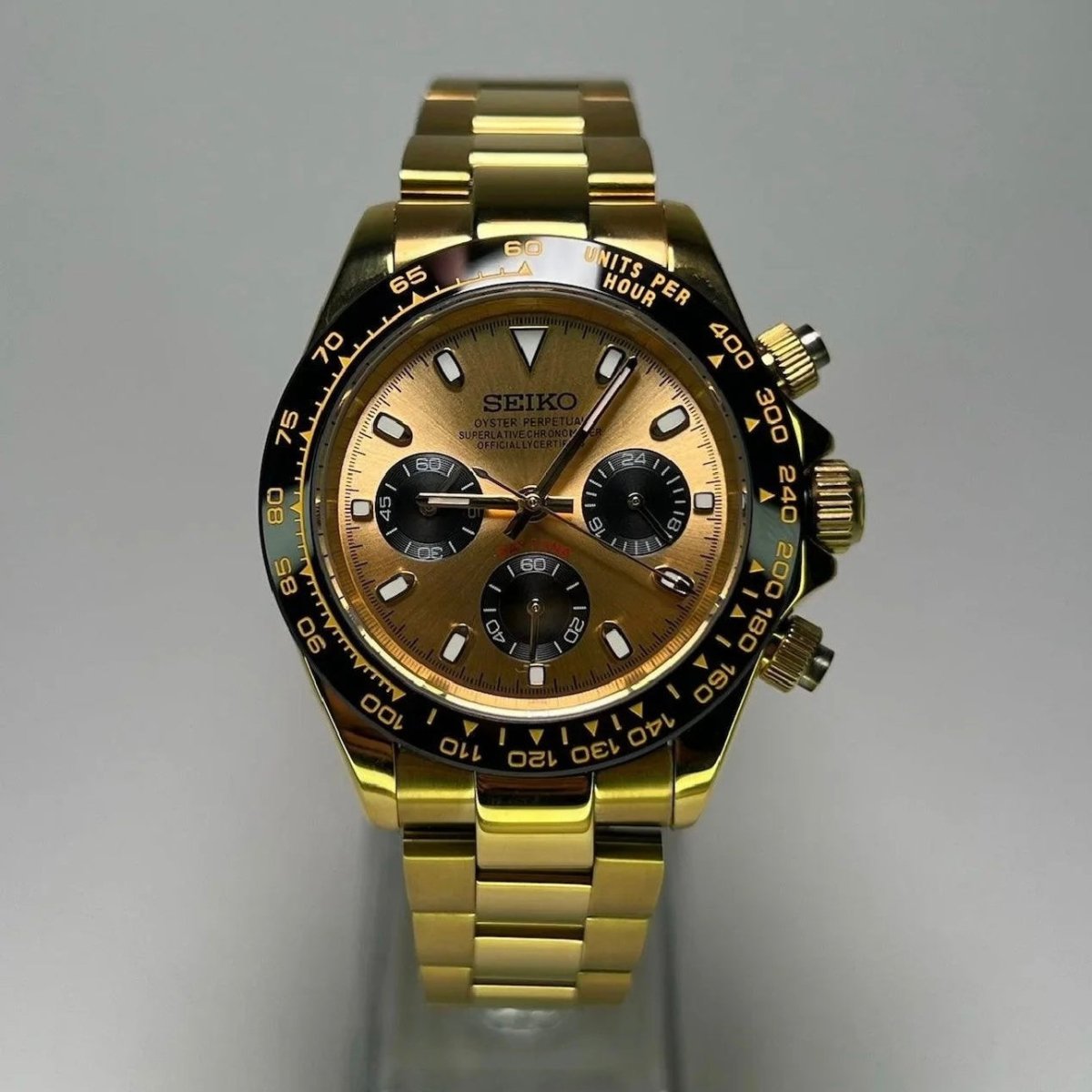 Daytona Mod All Gold Oyster gold chronograph Seiko mod style watch with VK63 movement by ModTime - angled dial view