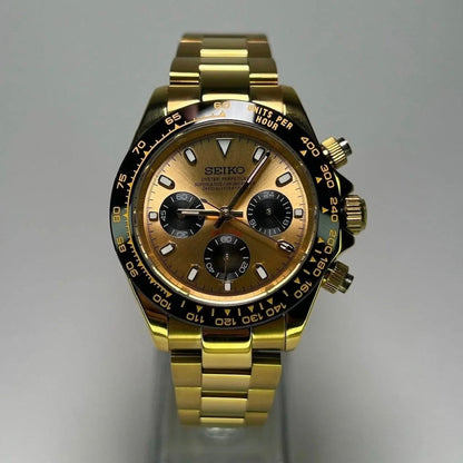 Daytona Mod All Gold Oyster gold chronograph Seiko mod style watch with VK63 movement by ModTime - angled dial view