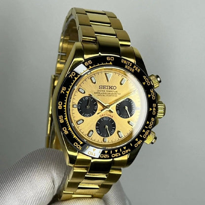 Daytona Mod All Gold Oyster gold chronograph Seiko mod style watch with VK63 movement by ModTime - wrist or lifestyle view