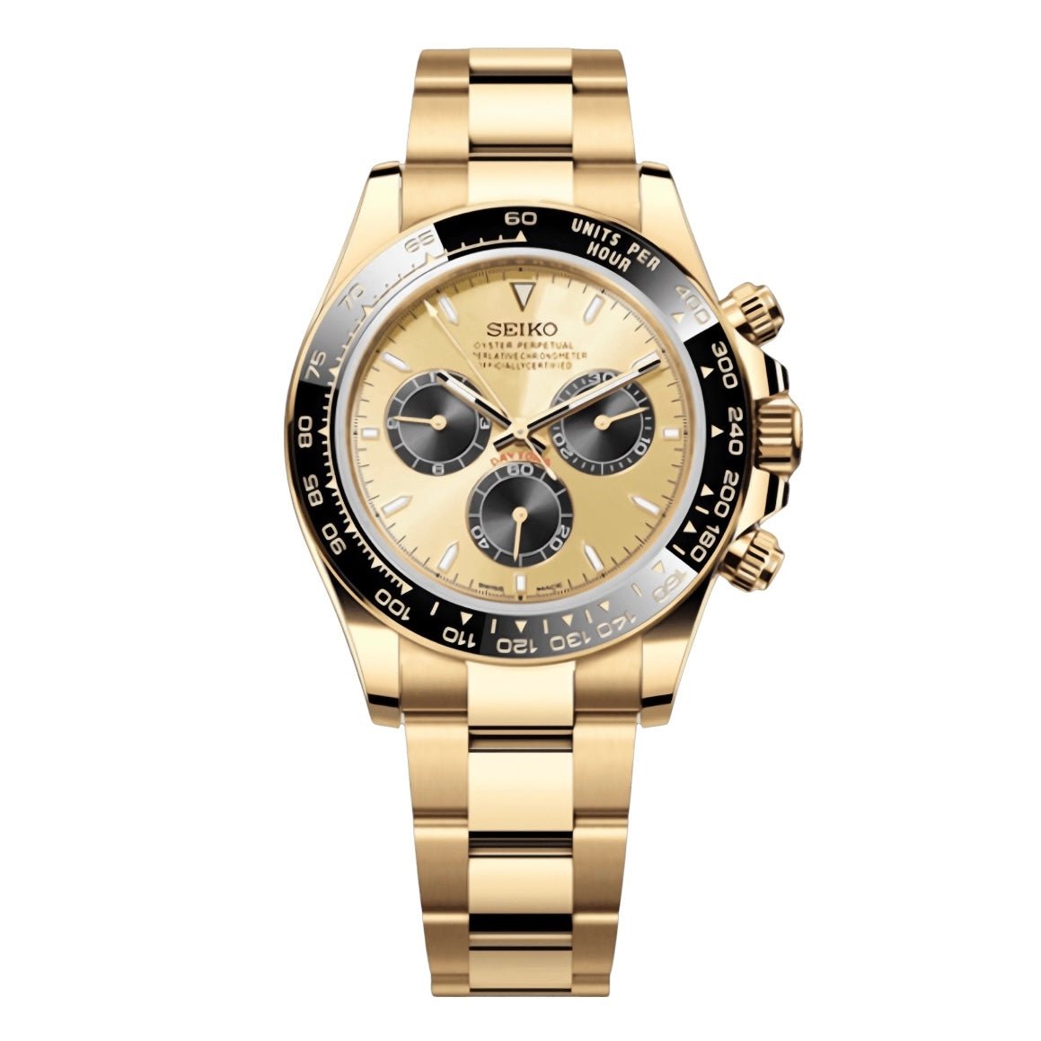 Daytona Mod All Gold Oyster gold chronograph Seiko mod style watch with VK63 movement by ModTime - front product view