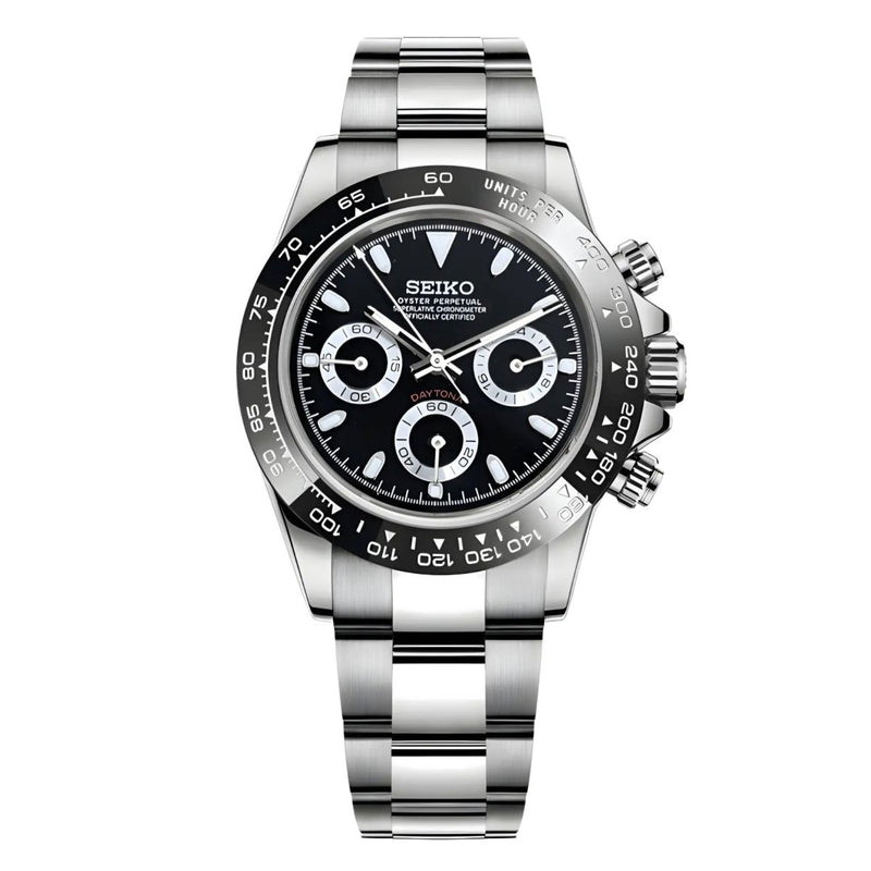 ModTime Daytona-style Silver Black VK63 meca-quartz chronograph, black dial, bright subdial rings, front view