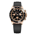 DAYTONA CHRONOGRAPH WATCH MOD ROSE GOLD BLACK DIAL RUBBER STRAP