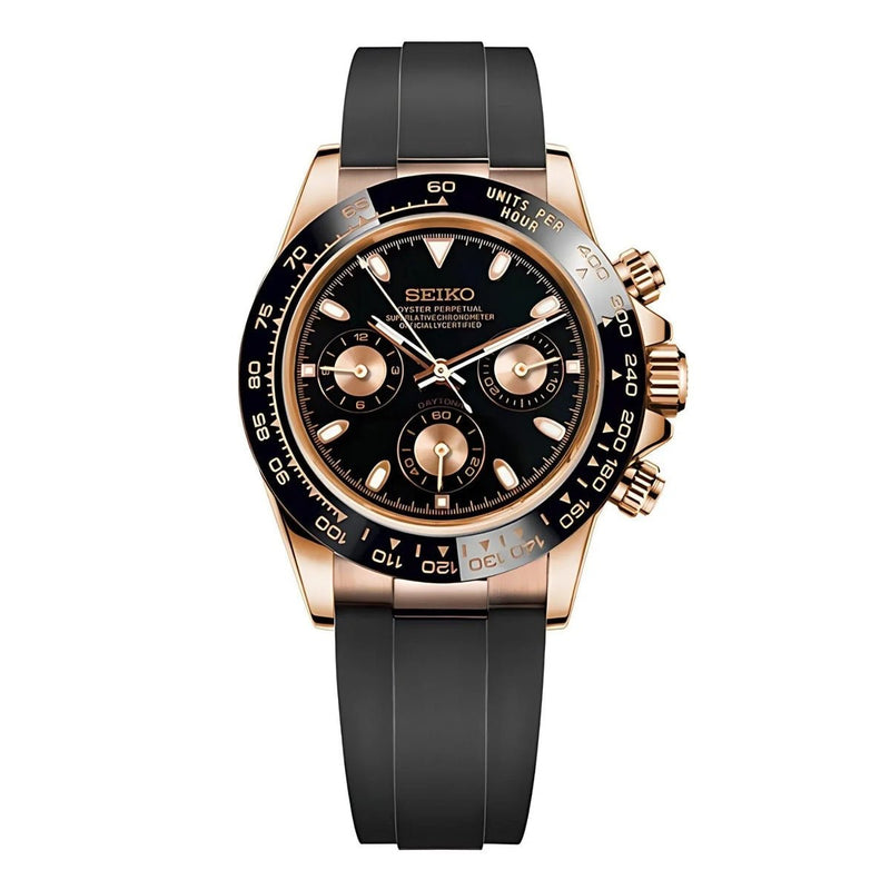 ModTime Daytona-style Rose Gold Black VK63 meca-quartz chronograph, black strap, three subdials, front view