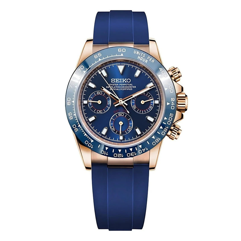 Daytona-style Blue Dial VK63 meca-quartz chronograph with rose-gold-tone case, blue strap, front view