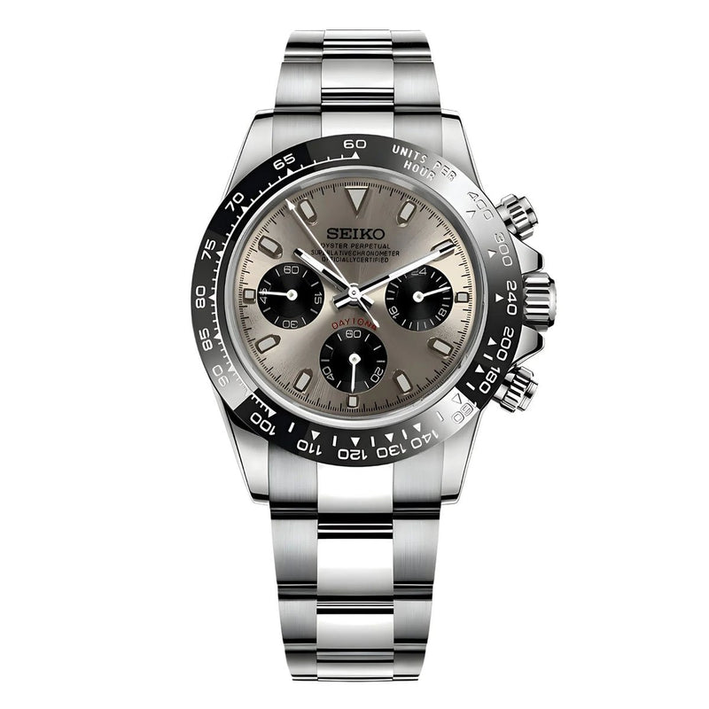 ModTime Daytona-style Champagne VK63 meca-quartz chronograph, pale dial, black subdials, front view