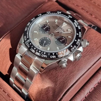 Daytona Mod Champagne Dial Oyster chronograph Seiko mod style watch with VK63 movement by ModTime - wrist or lifestyle view