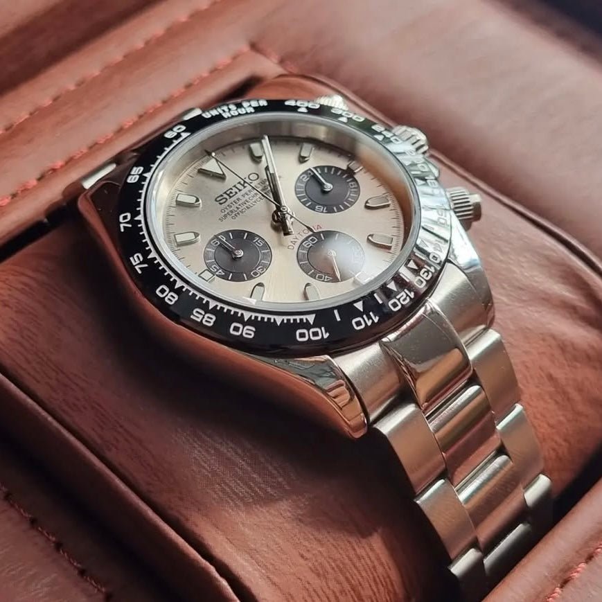 Daytona Mod Champagne Dial Oyster chronograph Seiko mod style watch with VK63 movement by ModTime - side profile